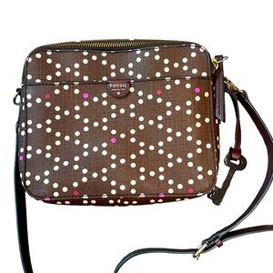 Fossil Sydney Crossbody Women's Brown Pink Dot PVC/Leather 8"  Shoulder Bag